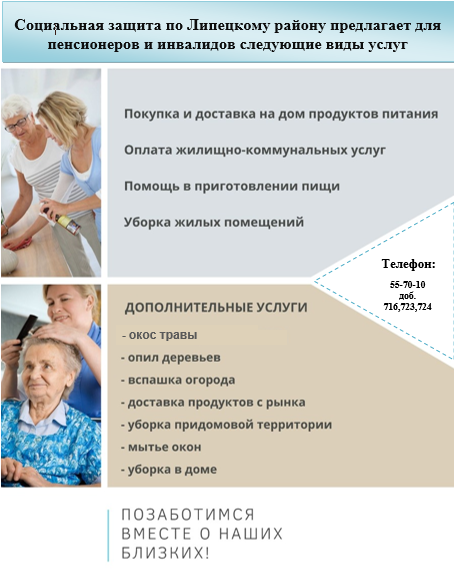Социальная защита по Липецкому району предлагает для пенсионеров и инвалидов следующие виды услуг
